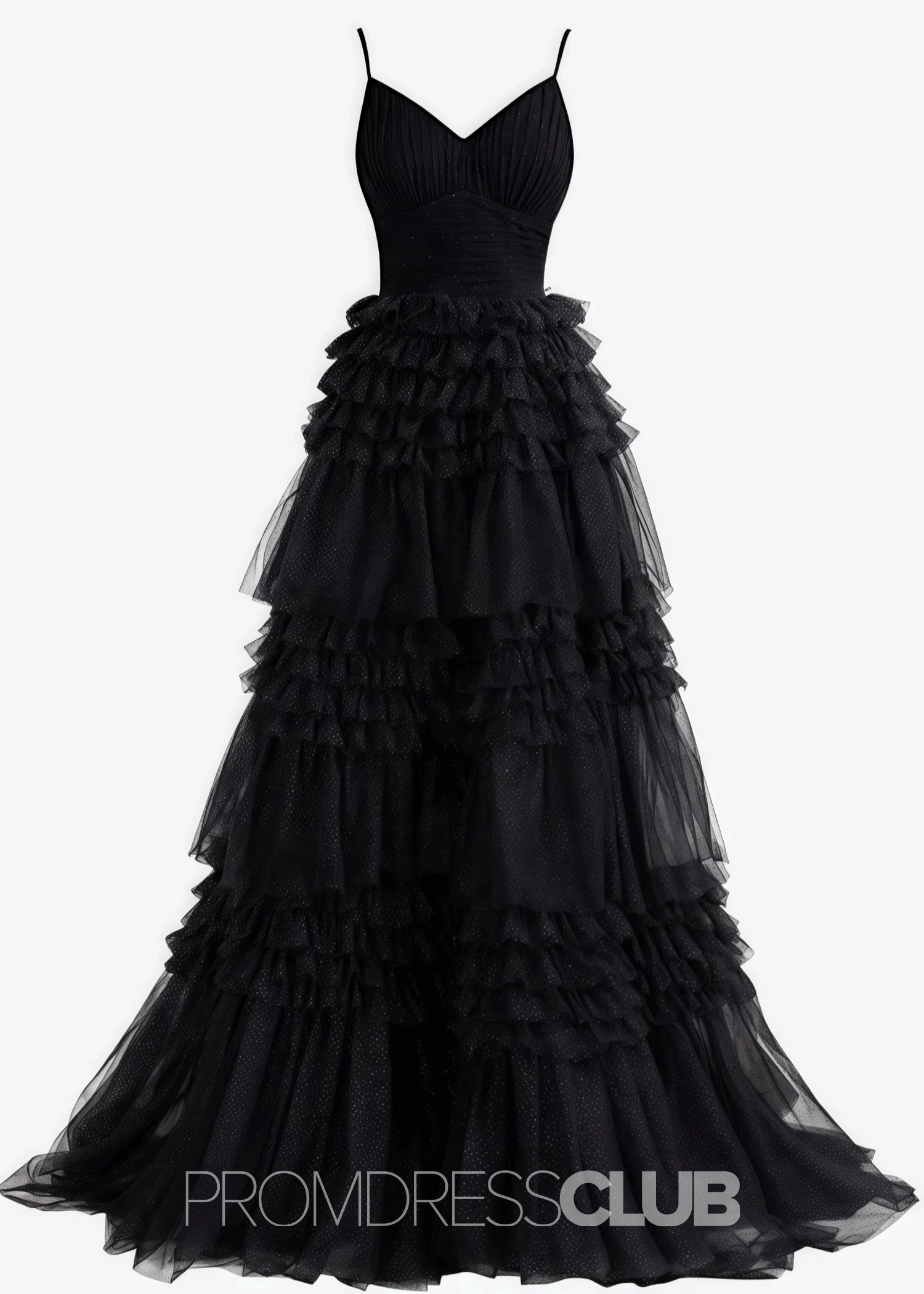 Donna |Long Black Prom Dress Glitter Tulle With A Line Deep V Neck Tiered - Black - US0 - PromDressClub