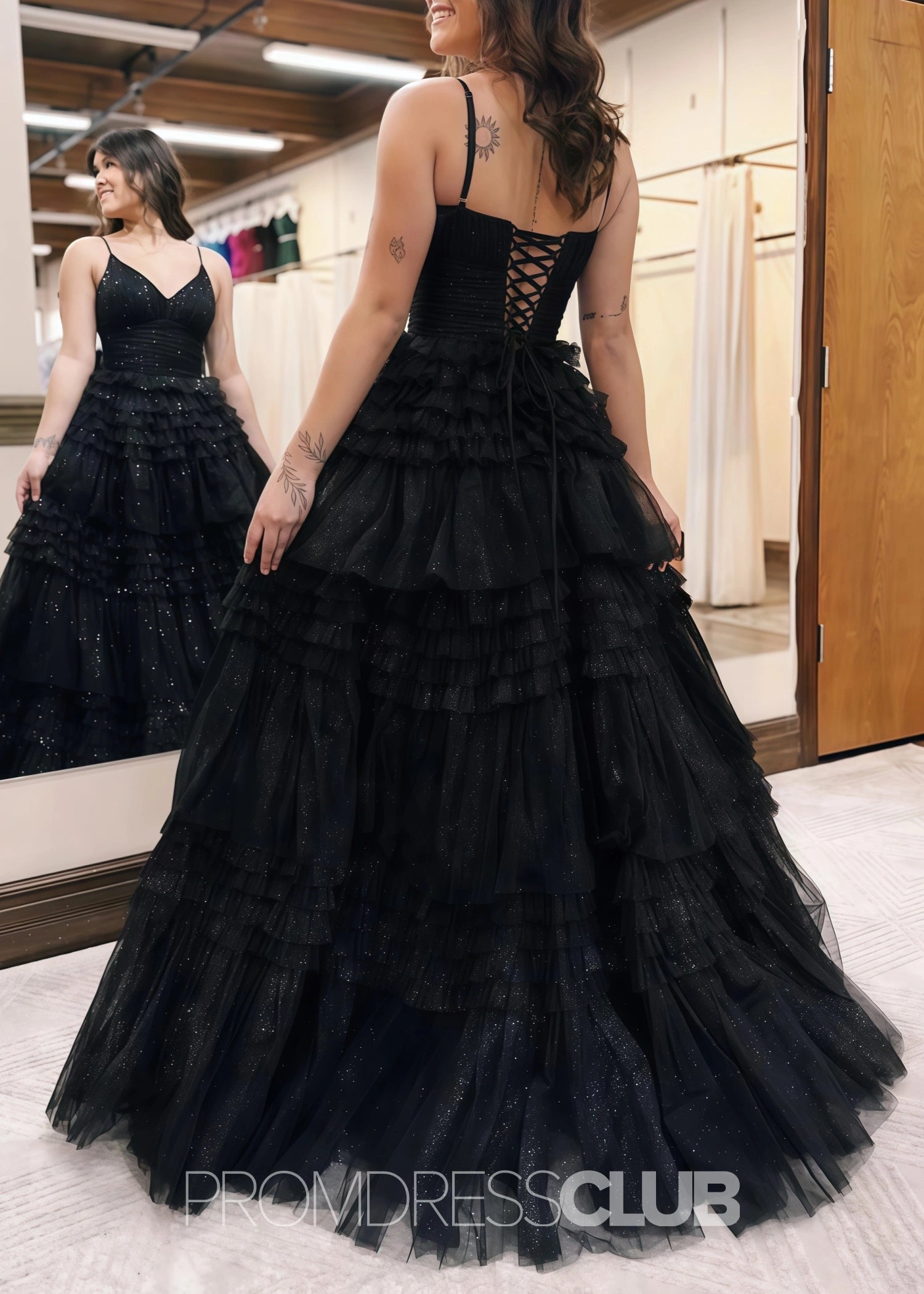 Donna |Long Black Prom Dress Glitter Tulle With A Line Deep V Neck Tiered - Black - US0 - PromDressClub