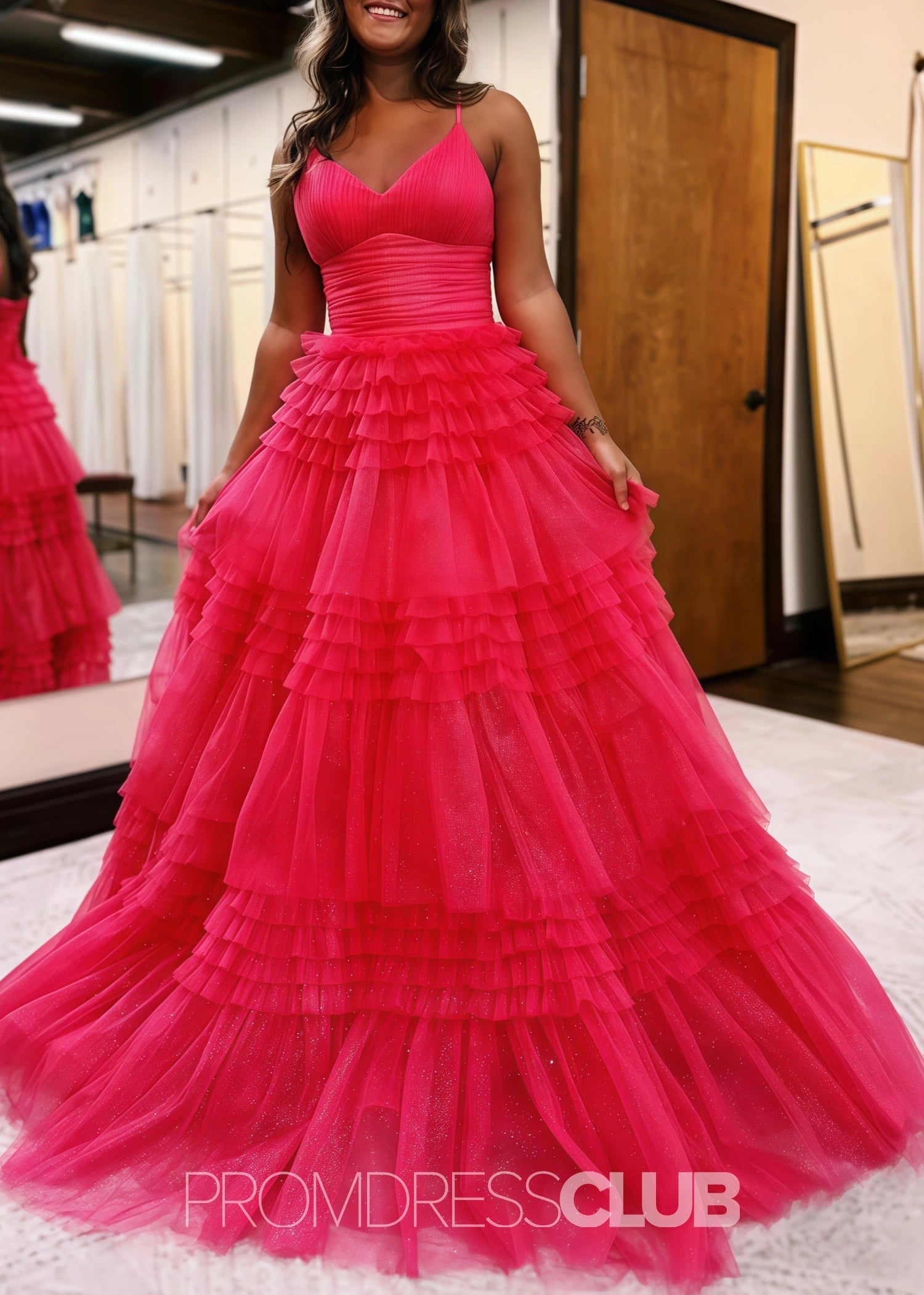 Donna |Long Black Prom Dress Glitter Tulle With A Line Deep V Neck Tiered - Fuchsia - US0 - PromDressClub