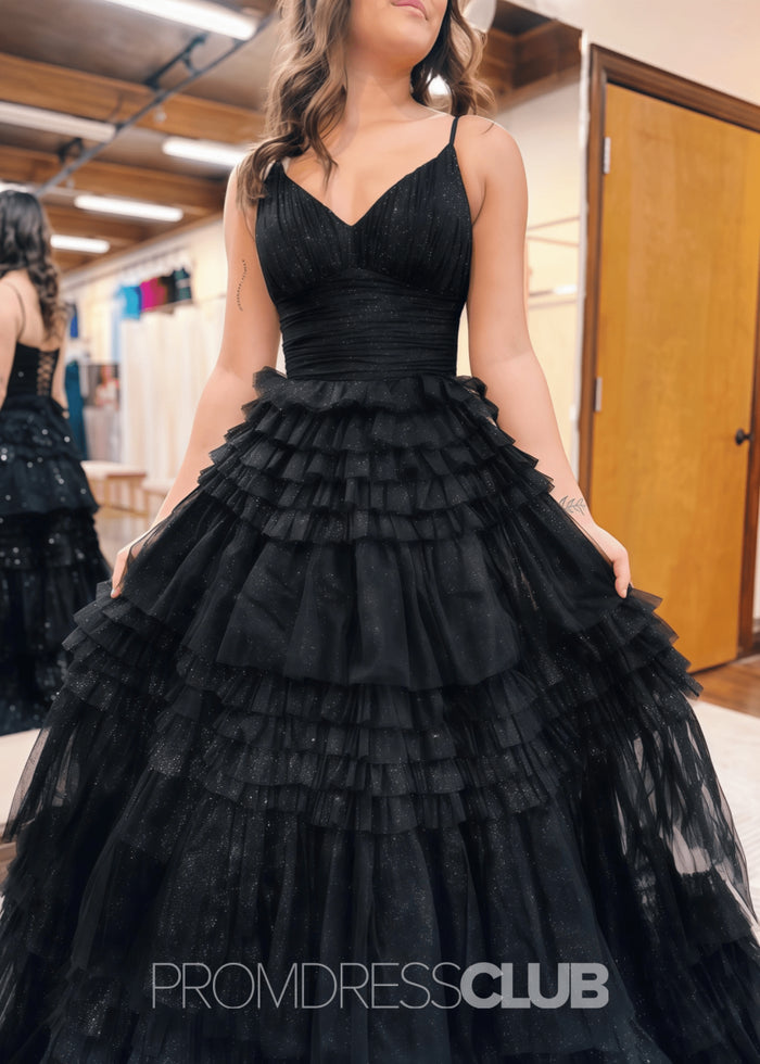 Donna |Long Black Prom Dress Glitter Tulle With A Line Deep V Neck Tiered - Black - PromDressClub