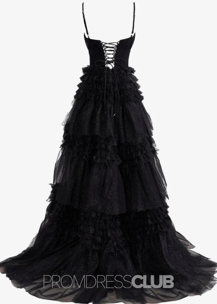 Donna |Long Black Prom Dress Glitter Tulle With A Line Deep V Neck Tiered - Black - PromDressClub