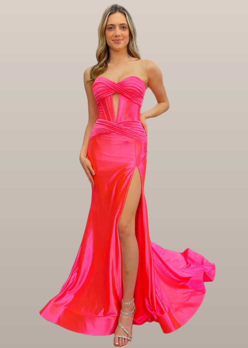 Donna | Mermaid Strapless Emerald Green and Blue Corset Prom Dress Split with Train - Hot Pink - PromDressClub