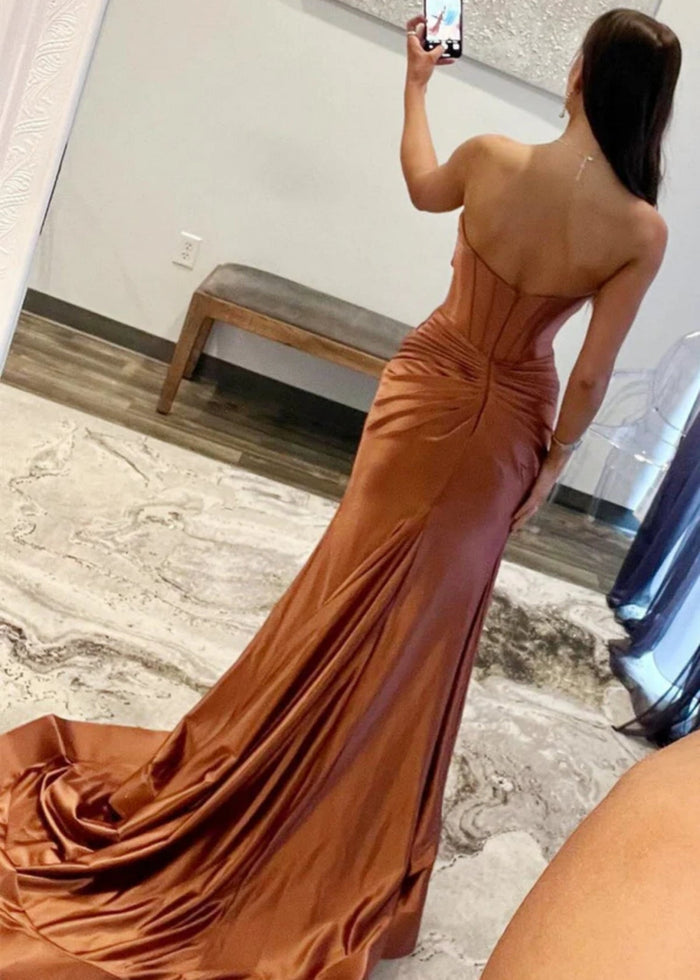 Donna | Mermaid Strapless Emerald Green and Blue Corset Prom Dress Split with Train - Rose Gold - PromDressClub