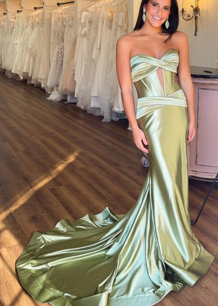 Donna | Mermaid Strapless Emerald Green and Blue Corset Prom Dress Split with Train - Sage Green - PromDressClub