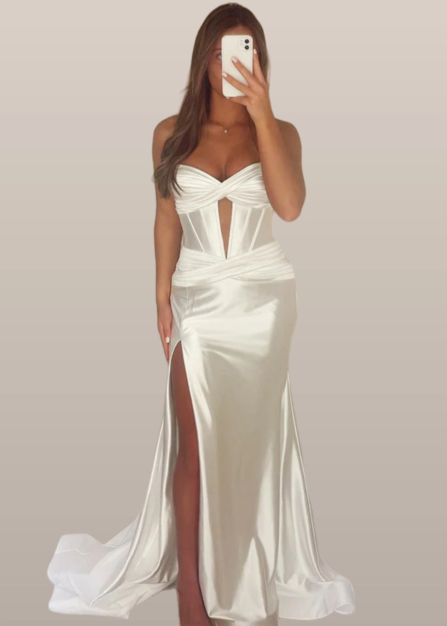 Donna |Mermaid Sweetheart Green Satin Long Prom Dress With Slit - White - US0 - PromDressClub