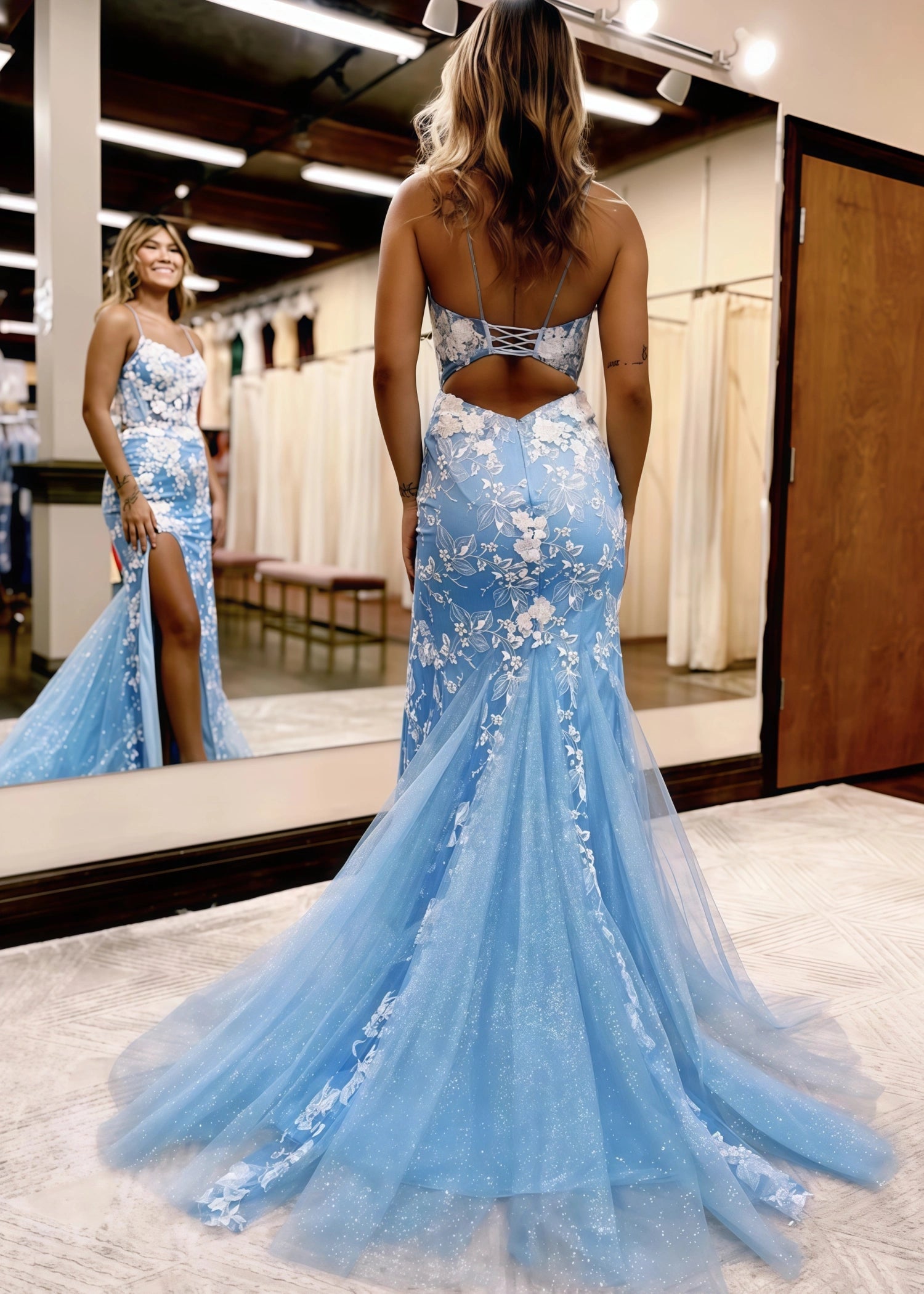 Dora |Mermaid Spaghetti Straps Lace Tulle Sky Blue Long Prom Dress with Slit - Sky Blue - US0 - PromDressClub