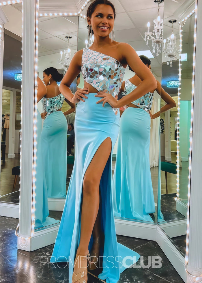 Doreen |Plus Size Black Prom Dress With Long Mermaid Sheath One Shoulder Cut Mirror Sequins - Sky Blue - PromDressClub