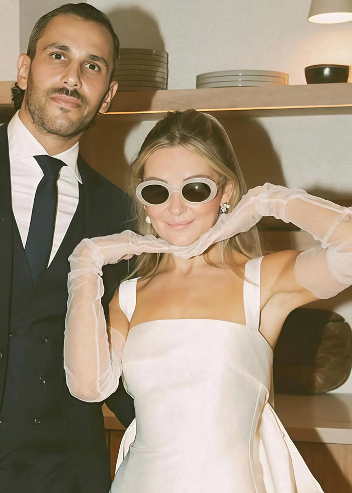 Doris | Bodycon Square Neck White Satin Mini/Short Wedding Dress with Bow Back and Veil - Price #price_variant_lowest# - White - PromDressClub