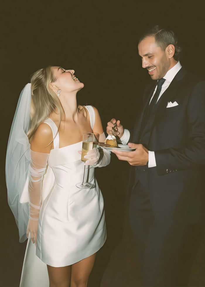 Doris | Bodycon Square Neck White Satin Mini/Short Wedding Dress with Bow Back and Veil - Price #price_variant_lowest# - White - PromDressClub