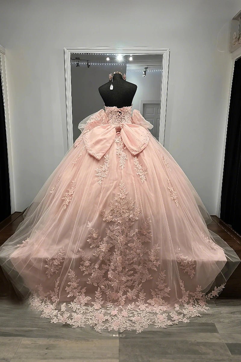 Doris | Gorgeous Pink Beaded Quinceanera Dresses with Bow - Exquisite and Sparkling for Memorable Celebrations - Pink - PromDressClub