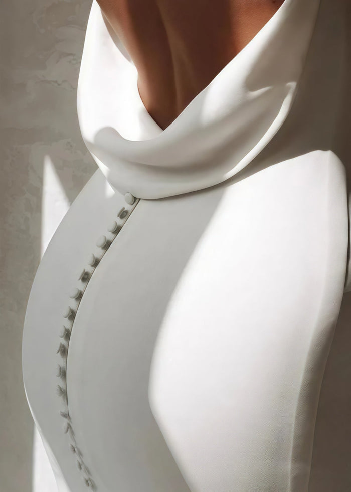 Dorothy | Elegant Back Buttons Backless Mermaid Stretch Satin Maxi Wedding Dress with V - Neck and Long Train - Price #price_variant_lowest# - White - PromDressClub