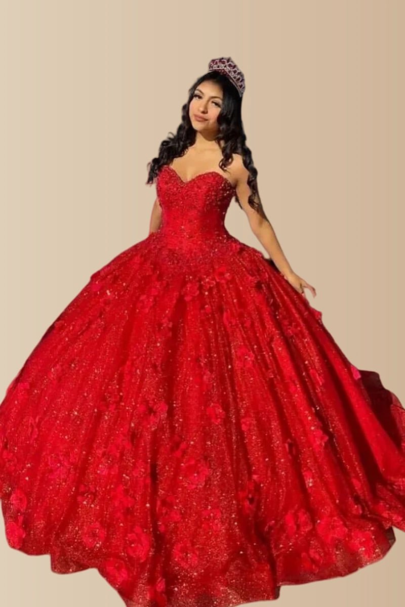 Dorothy | Gorgeous Glitter Red 3D Flower Quinceanera Dresses - Available in Fuchsia, Navy Blue, Royal Blue & Black! - Red - PromDressClub