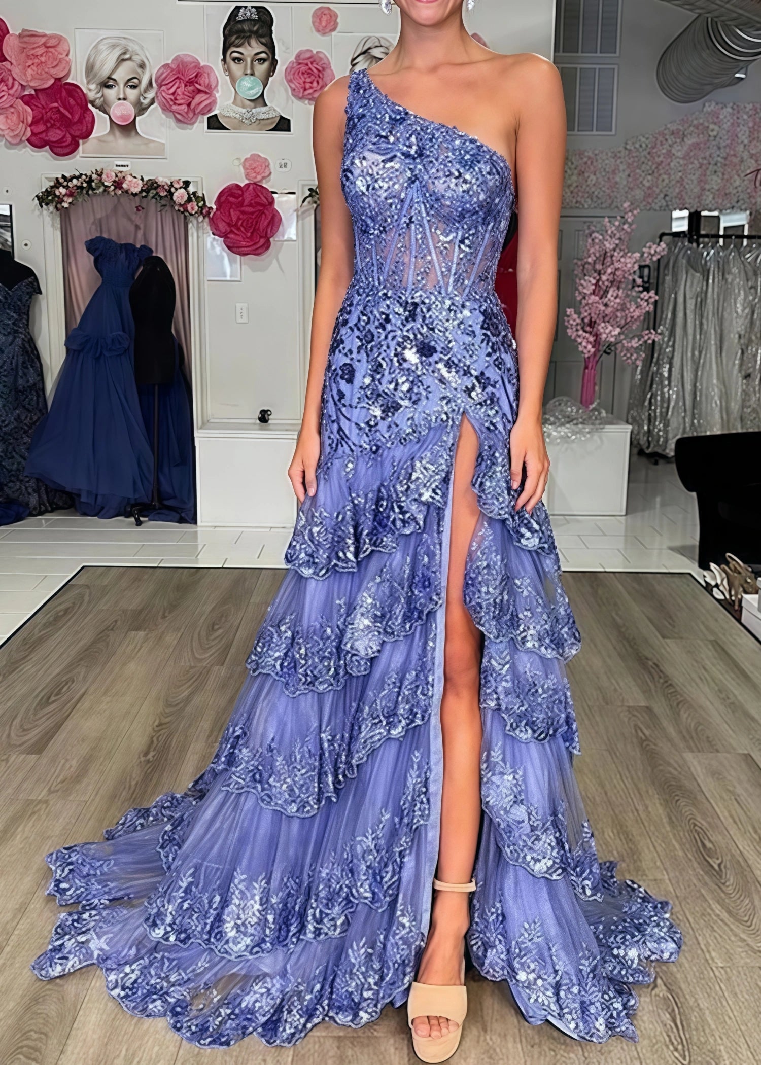 Dorothy |Mermaid One Shoulder Tiered Red Lace Long Prom Dress With Slit - Dark Blue - US0 - PromDressClub