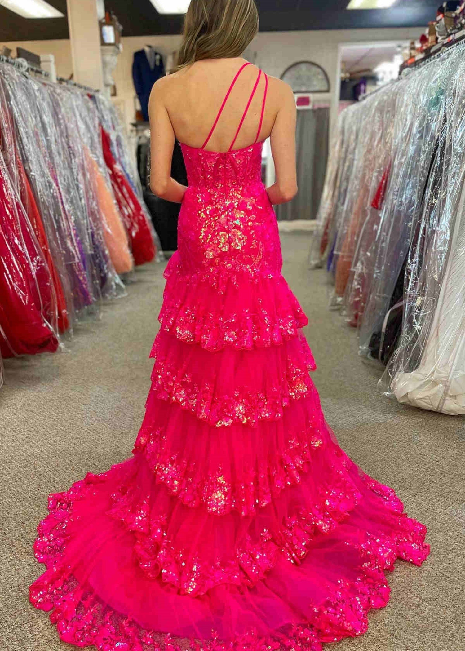 Dorothy |Mermaid One Shoulder Tiered Red Lace Long Prom Dress With Slit - Fuchsia - US0 - PromDressClub