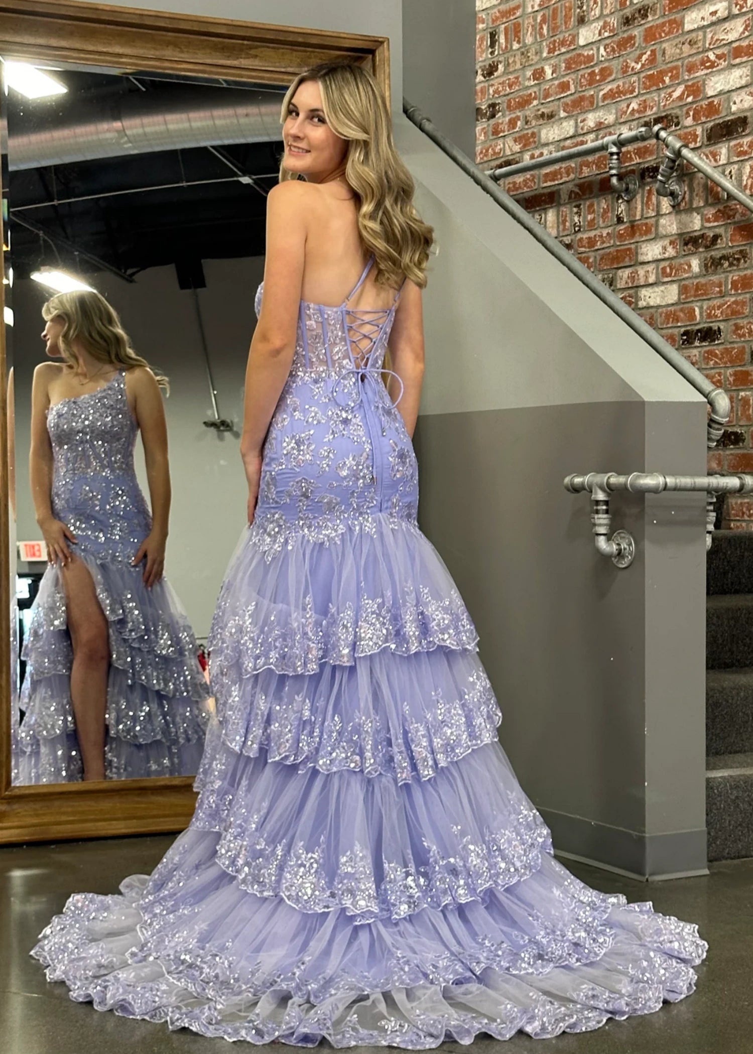 Dorothy |Mermaid One Shoulder Tiered Red Lace Long Prom Dress With Slit - Lavender - US0 - PromDressClub