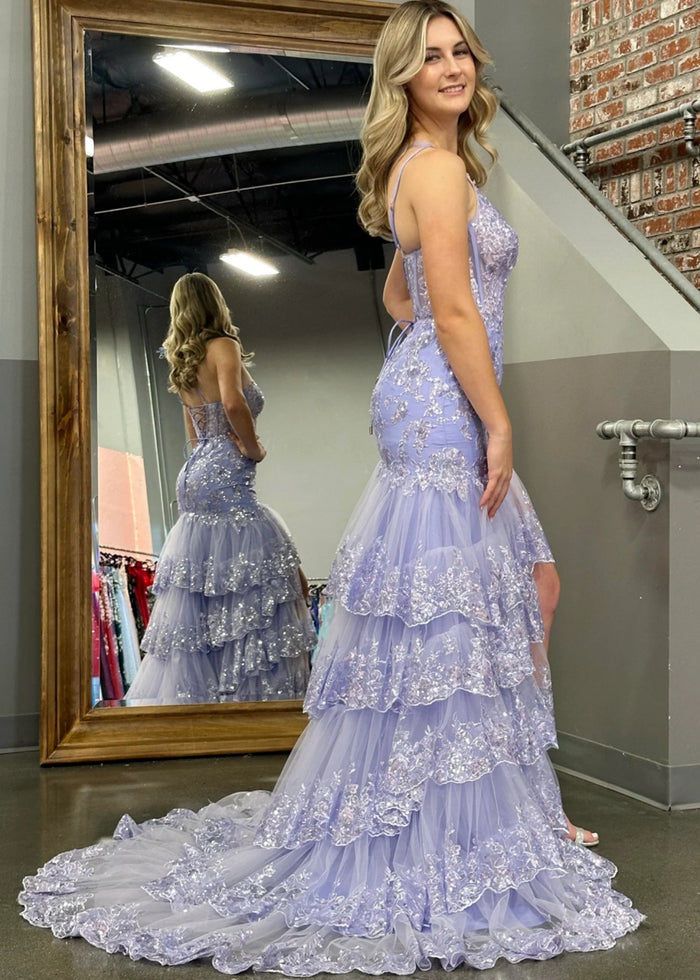 Dorothy | Red Lavender Mermaid One Shoulder Sequin Formal Dresses with Ruffles - Lavender - PromDressClub