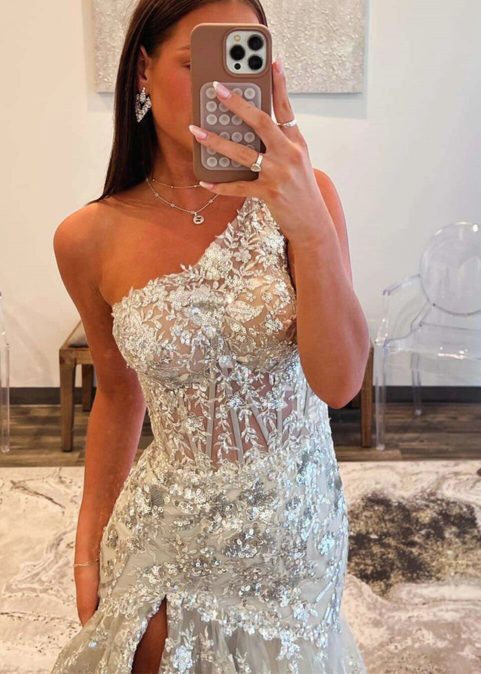Dorothy | Red Lavender Mermaid One Shoulder Sequin Formal Dresses with Ruffles - Silver - PromDressClub