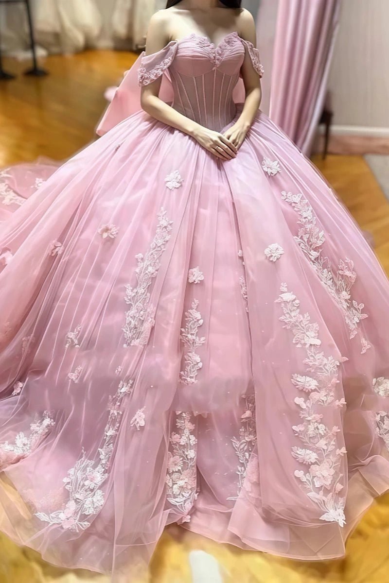 Drew | Gorgeous Light Pink Off the Shoulder Flower Quinceanera Dresses with Big Bow - Light Pink - PromDressClub
