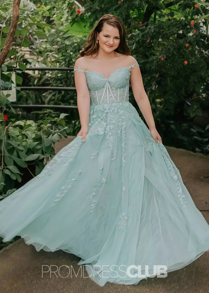 Eartha |Long Navy Blue Prom Dress Lace Tulle With A Line Sweetheart 3D Flower Slit - Green - PromDressClub