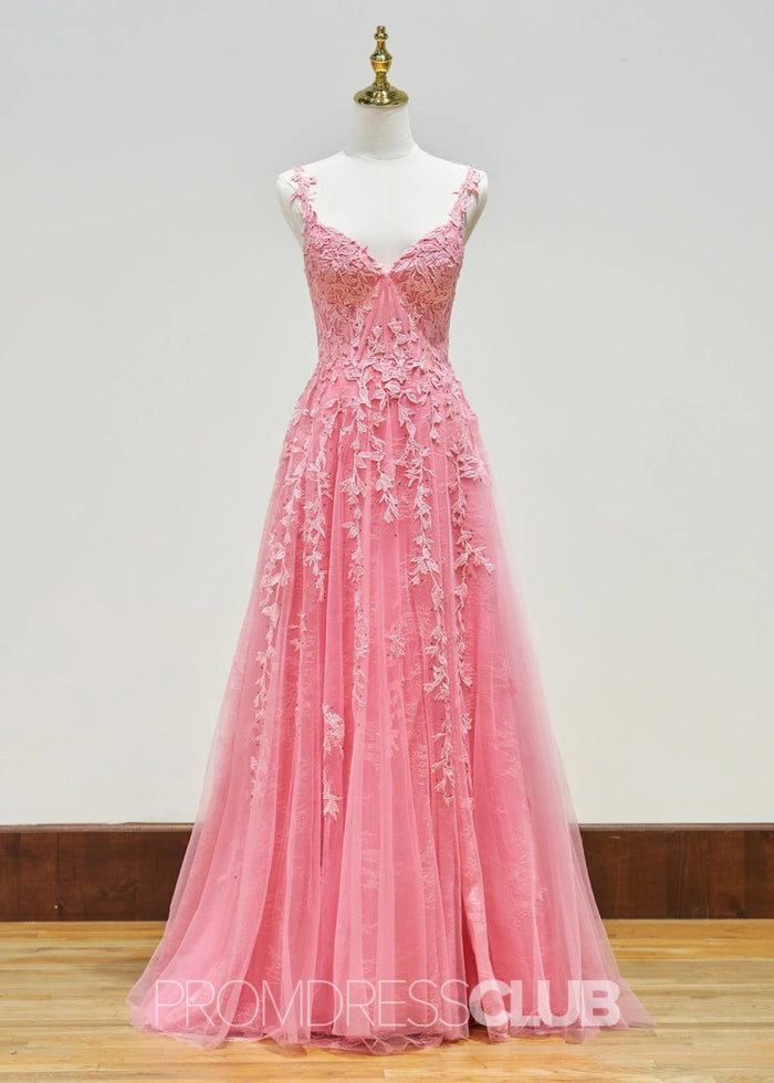 Eartha |Long Navy Blue Prom Dress Lace Tulle With A Line Sweetheart 3D Flower Slit - Hot Pink - PromDressClub