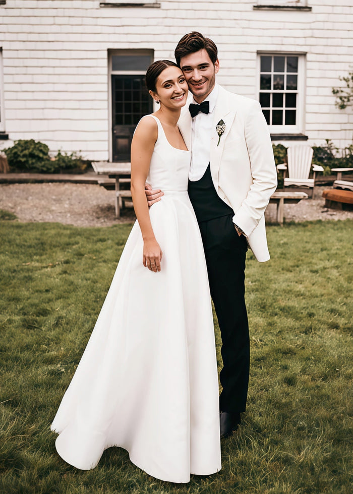 Eartha | Modern Backless Square Neck White Satin Long Wedding Dress with A - Line - Price #price_variant_lowest# - White - PromDressClub