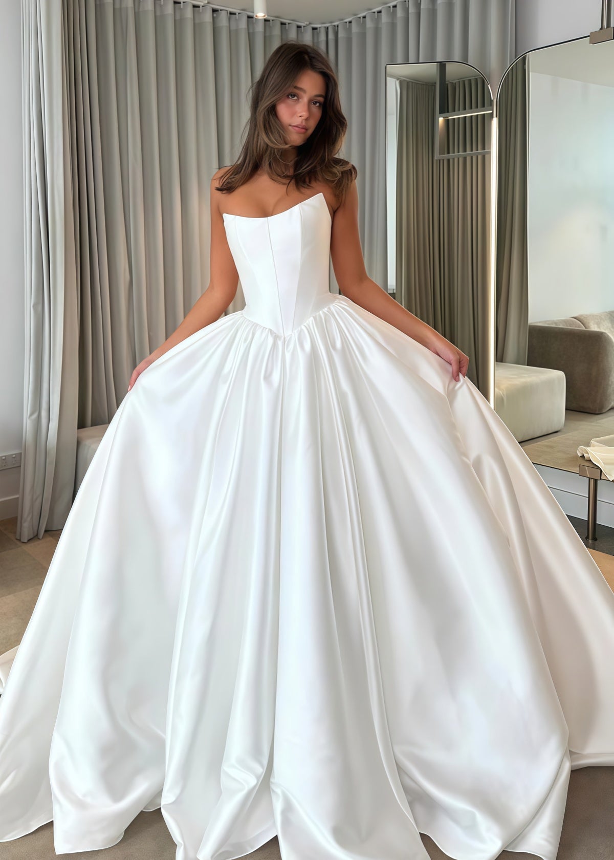 Edith | Ball Gown/Princess Strapless Backless White Satin Maxi Wedding Dress - White - PROMDRESS Club