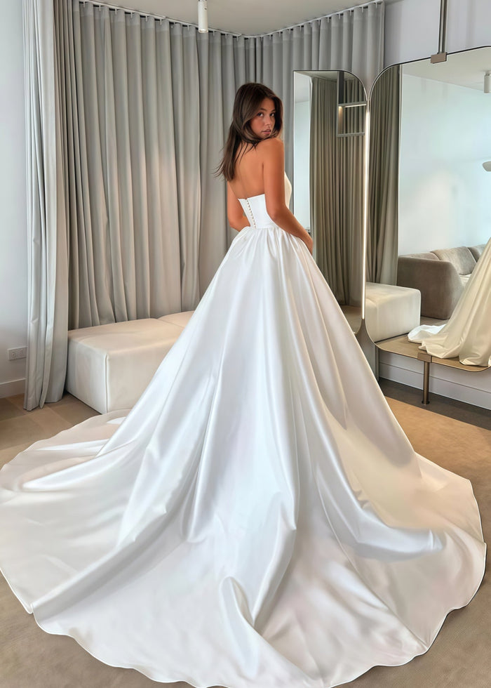 Edith | Ball Gown/Princess Strapless Backless White Satin Maxi Wedding Dress - Price #price_variant_lowest# - White - PromDressClub