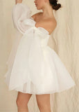 Edwina | Glamorous Puff Detachable Sleeves Straight White Tulle Mini/Short Wedding Dress with Bows - White - PROMDRESS Club