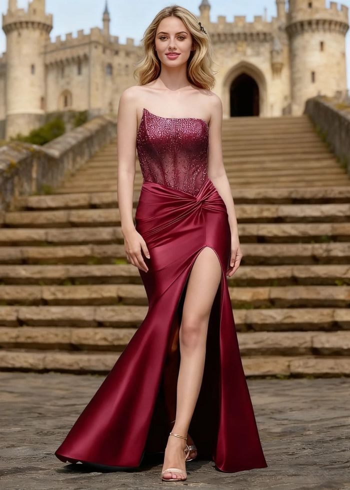 Effulgence Burgundy Rhinestone Strapless Prom Dress | Mermaid Asymmetrical Corset Fitted Pleated Dress with Slit - US0 - PromDressClub