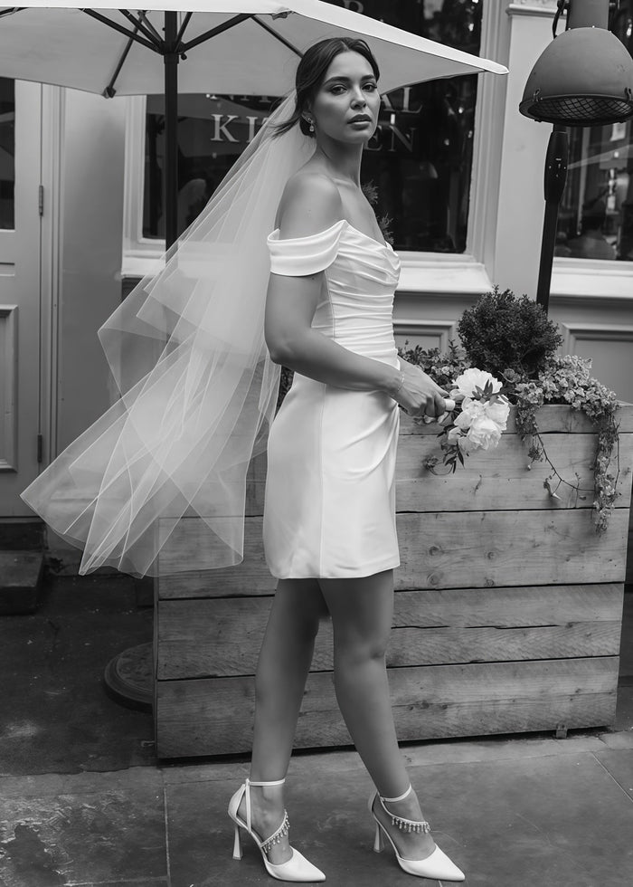 Eileen | Simple Cowl Neck Pleated Short/Mini White Satin Wedding dress with Slit and Off the Shoulder - Price #price_variant_lowest# - White - PromDressClub