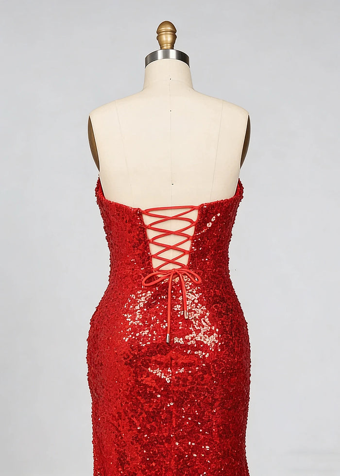 Eira Red Sparkly Prom Dress | Sheath Strapless Sweet Train Sequin Cokctail Dress with Slit - Red - PromDressClub