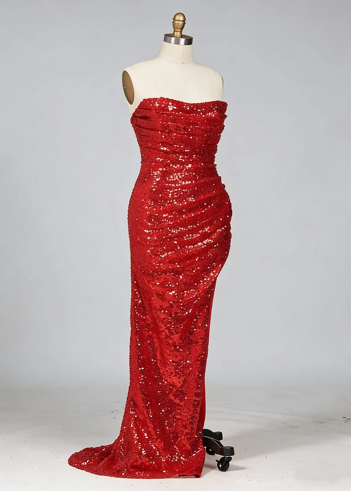 Eira Red Sparkly Prom Dress | Sheath Strapless Sweet Train Sequin Cokctail Dress with Slit - Red - PromDressClub