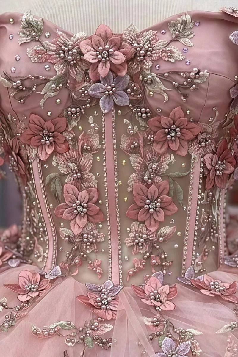 Elaine | Gorgeous Pink 3D Flower Embellished Quinceanera Dresses - Elegant & Dreamy - Pink - PromDressClub
