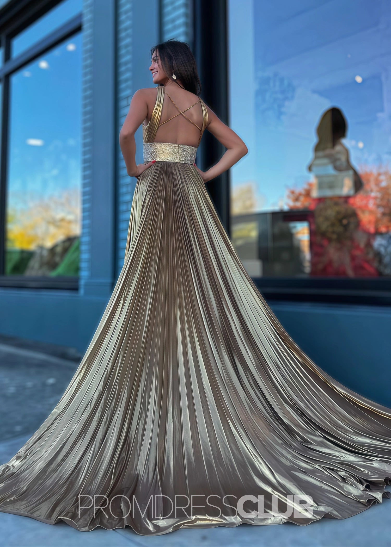 Elaine |Long Gold Prom Dress Metallis With Pleated Criss Cross Straps Slit - Gold - US0 - PromDressClub