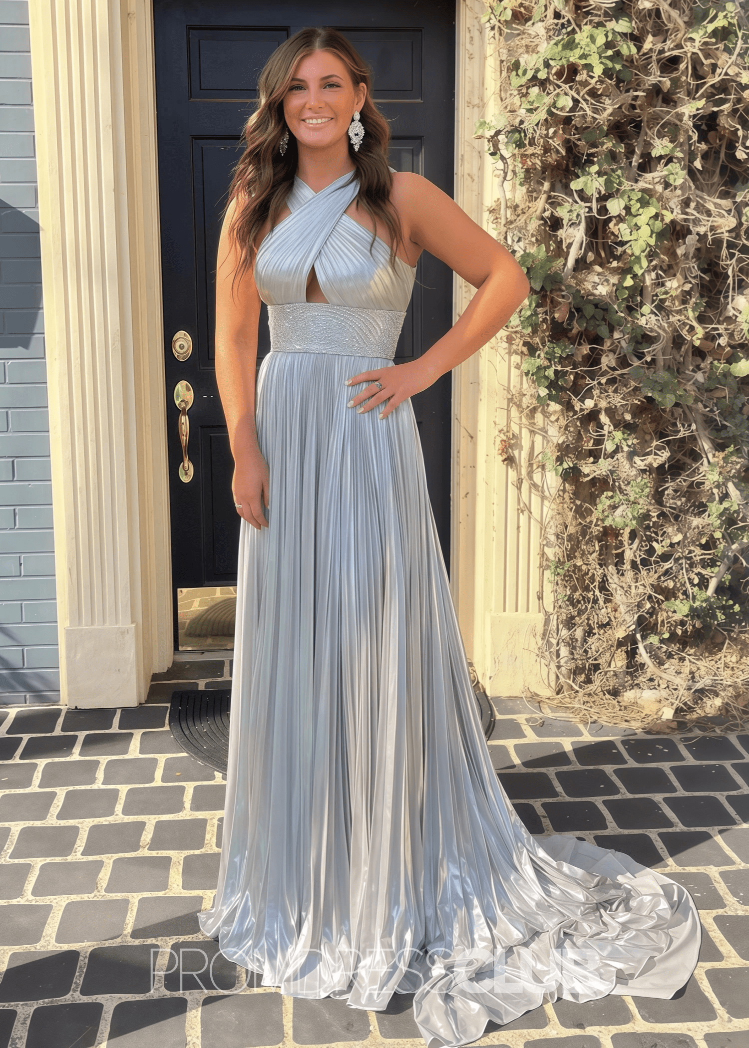 Elaine |Long Gold Prom Dress Metallis With Pleated Criss Cross Straps Slit - Silver - US0 - PromDressClub