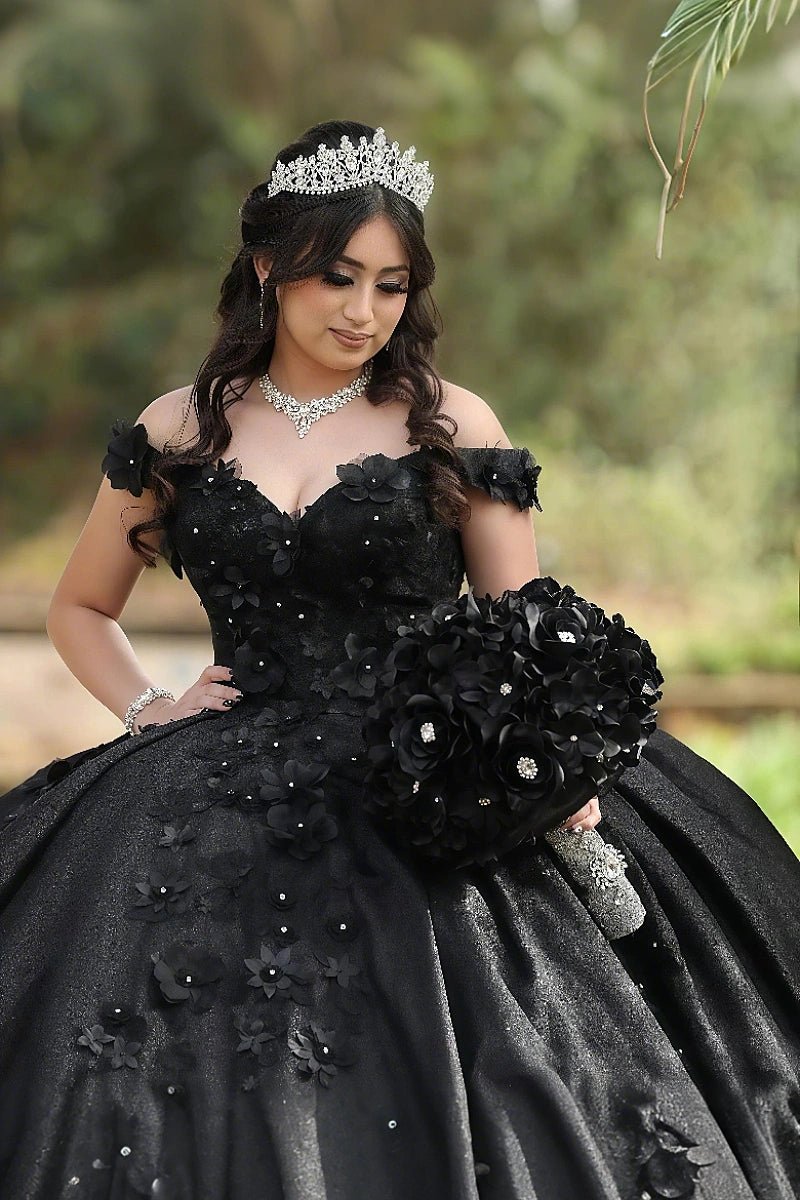 Eleanor | Gorgeous Lavender Lace Flower Quinceanera Dresses Off the Shoulder for Memorable Occasions - Black - PromDressClub