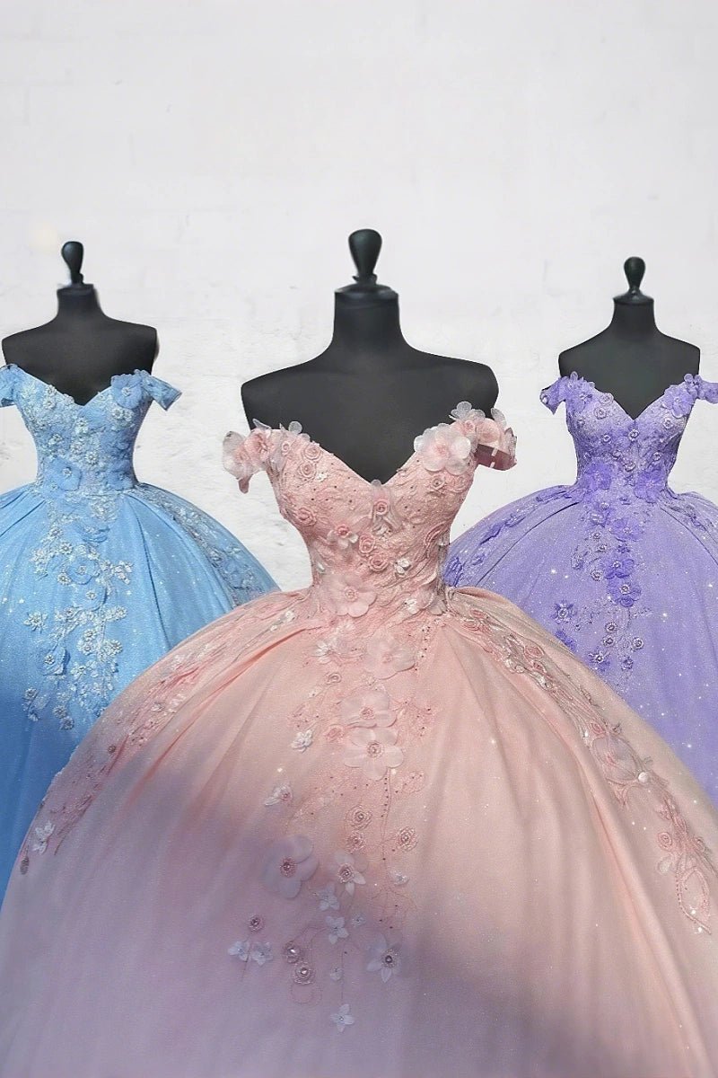 Eleanor | Gorgeous Lavender Lace Flower Quinceanera Dresses Off the Shoulder for Memorable Occasions - Light Blue - PromDressClub