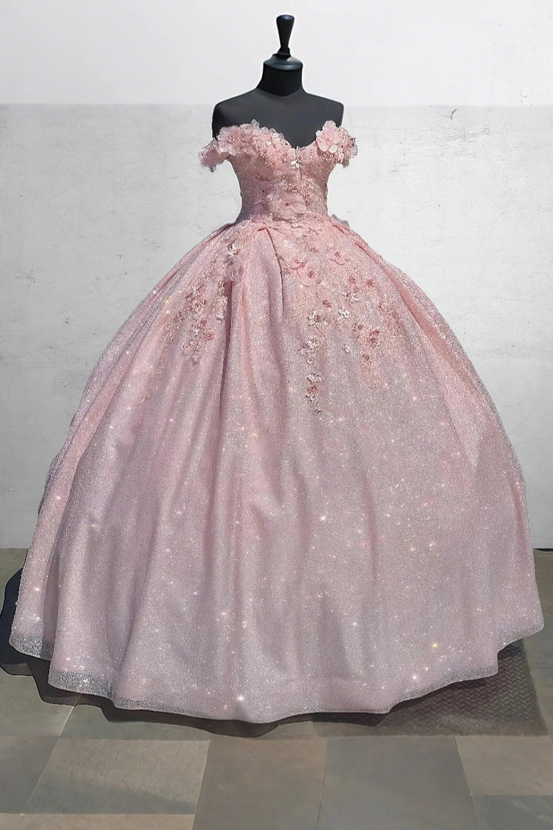 Eleanor | Gorgeous Lavender Lace Flower Quinceanera Dresses Off the Shoulder for Memorable Occasions - Light Pink - PromDressClub