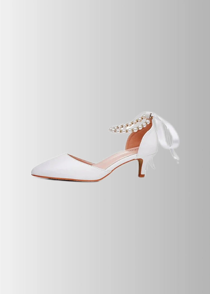 Elegant Satin Heels - Dark Green and White Pointed Toe Pearl Strap Heels for Every Occasion - Dark Green - PromDressClub