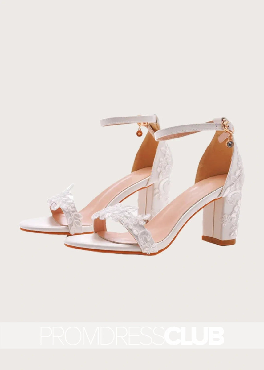 Elegant White Lace Heels With Open Toe Ankle - strap Block - White - PromDressClub