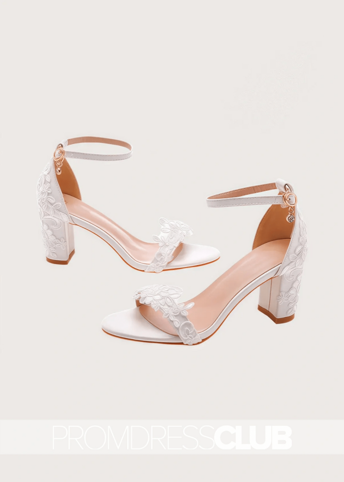 Elegant White Lace Heels With Open Toe Ankle - strap Block - White - PromDressClub