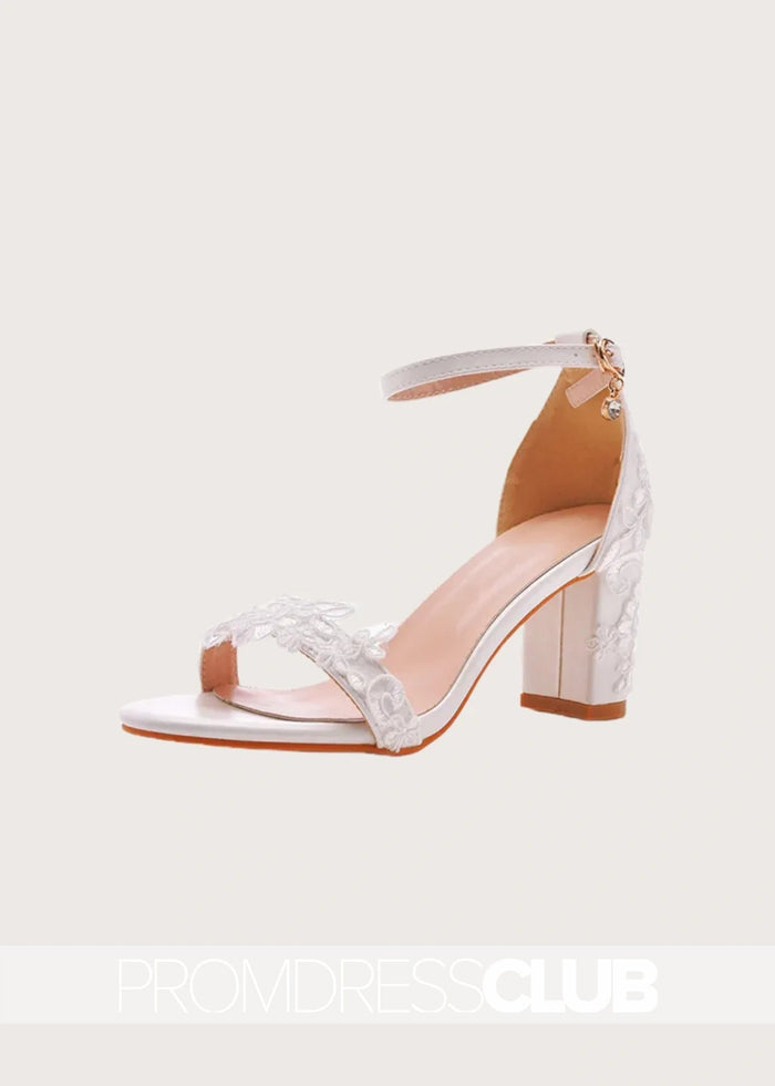 Elegant White Lace Heels With Open Toe Ankle - strap Block - Price #price_variant_lowest# - White - PromDressClub