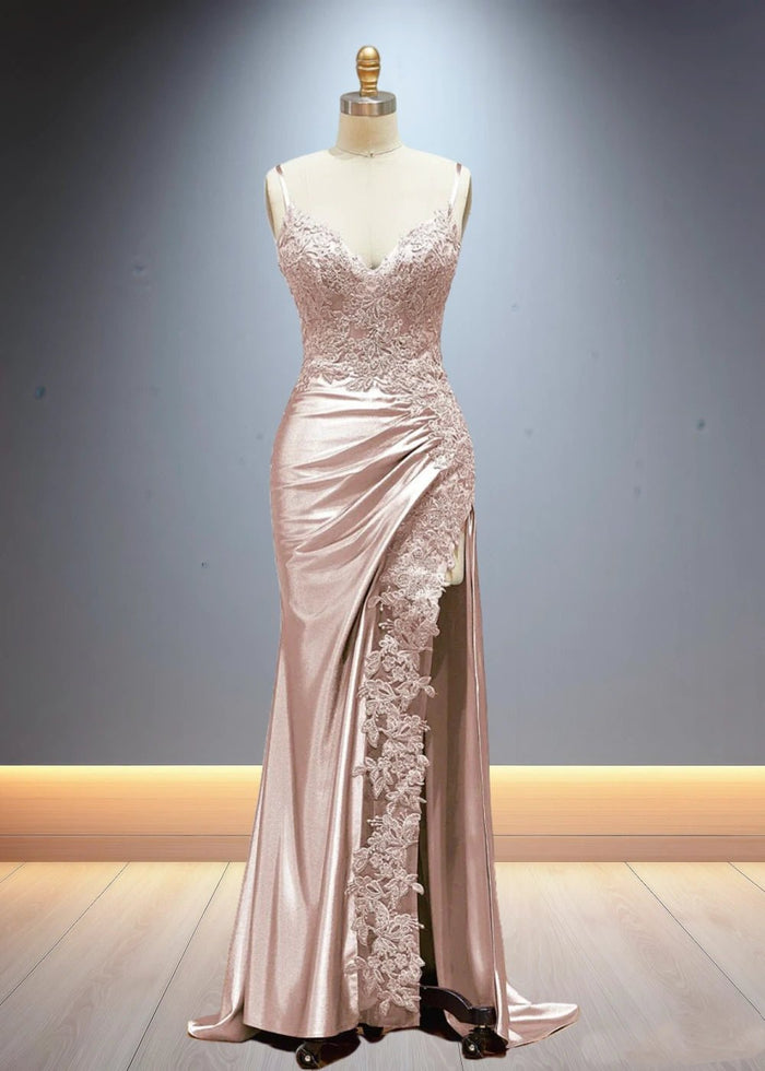 Eliy | Sheath Lace Appliques Satin Corser Black Formal Dress with Slit - Blush - PromDressClub