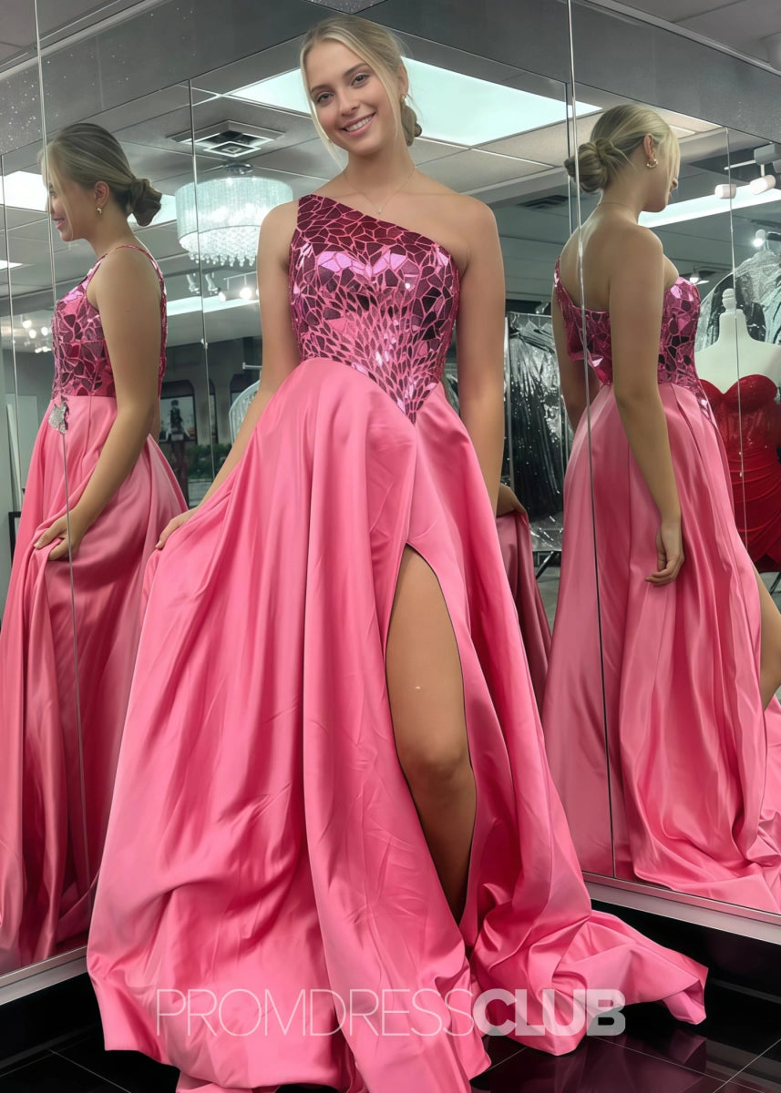 Elizabeth |Long Red Prom Dress Sequins With A Line One Shoulder Slit - Pink - PromDressClub