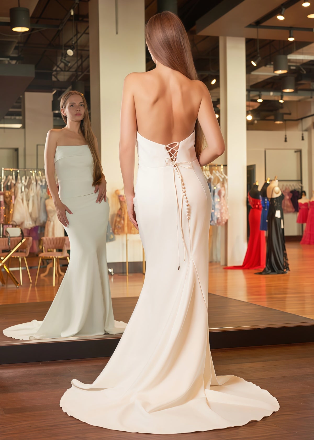 Elizabeth | Romantic Mermaid Strapless Long White Satin Wedding Dress with Long Train - White - PROMDRESS Club