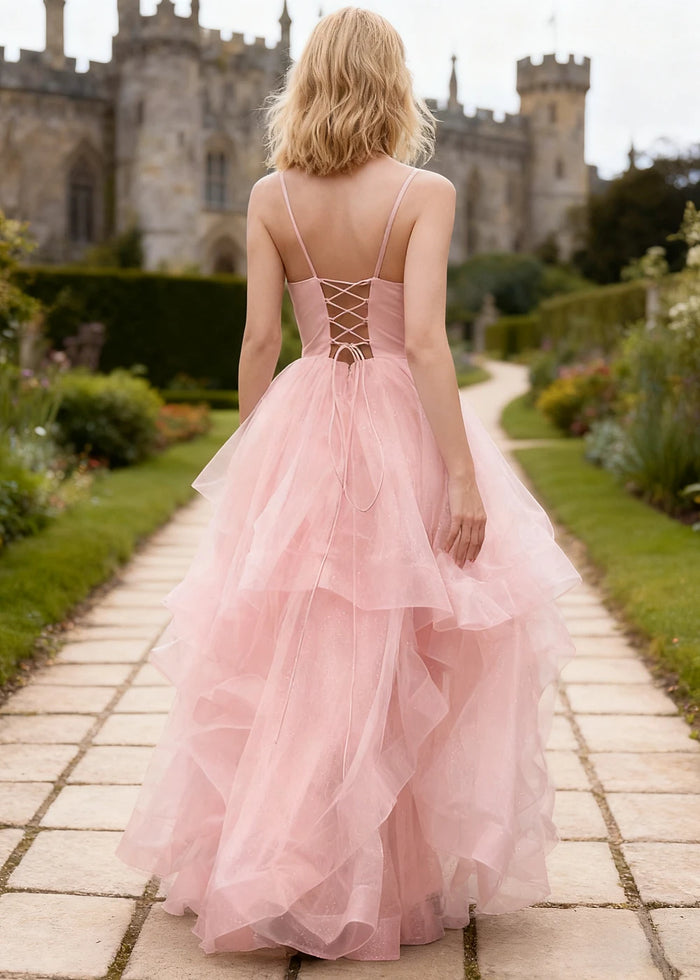 Ella Light Pink Glitter Tulle Ruffled Prom Dress | A - Line Spaghetti Strap V - Neck Wedding Guest Dress - Light Pink - PromDressClub