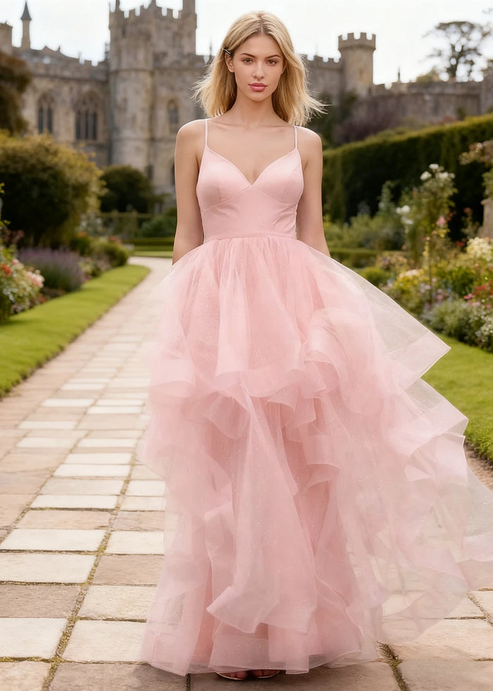 Ella Light Pink Glitter Tulle Ruffled Prom Dress | A - Line Spaghetti Strap V - Neck Wedding Guest Dress - Light Pink - PromDressClub