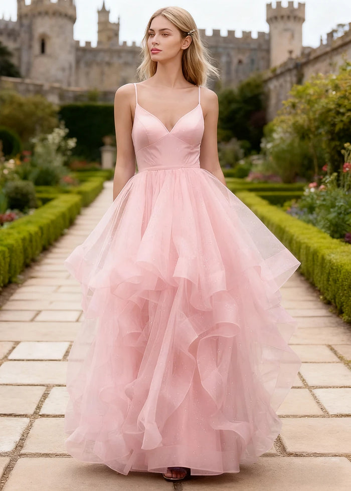 Ella Light Pink Glitter Tulle Ruffled Prom Dress | A - Line Spaghetti Strap V - Neck Wedding Guest Dress - Light Pink - PromDressClub