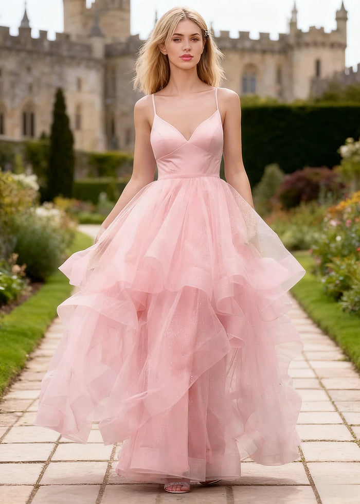Ella Light Pink Glitter Tulle Ruffled Prom Dress | A - Line Spaghetti Strap V - Neck Wedding Guest Dress - Light Pink - PromDressClub