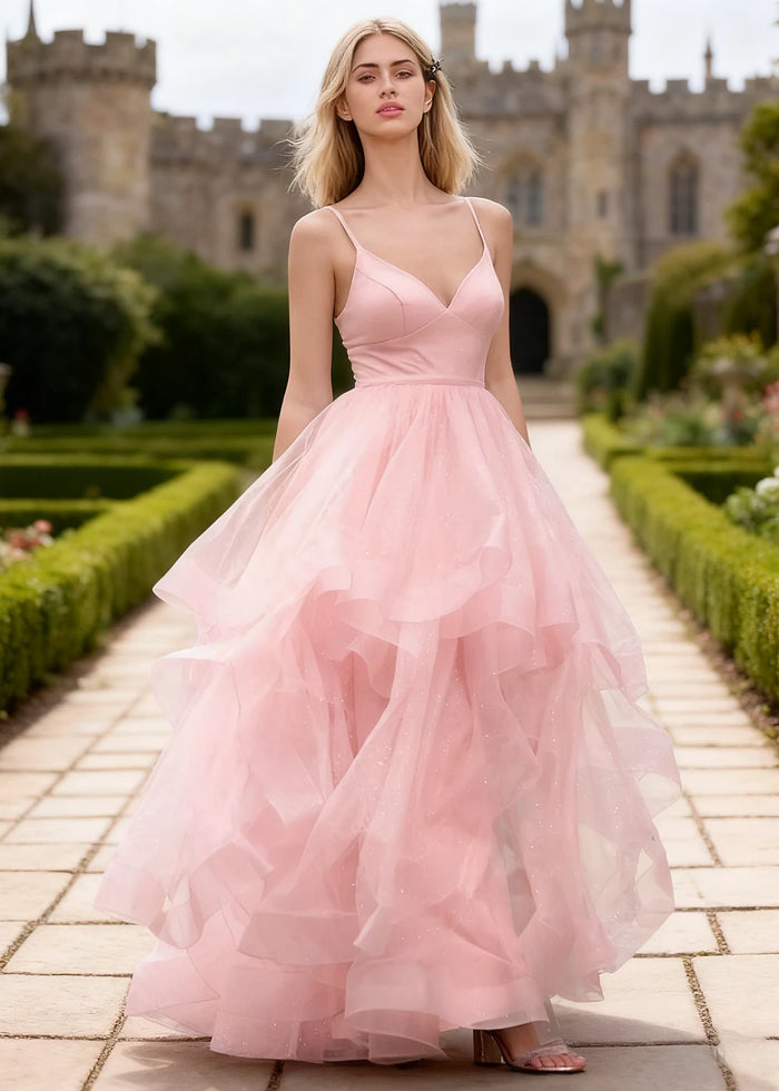Ella Light Pink Glitter Tulle Ruffled Prom Dress | A - Line Spaghetti Strap V - Neck Wedding Guest Dress - Light Pink - PromDressClub